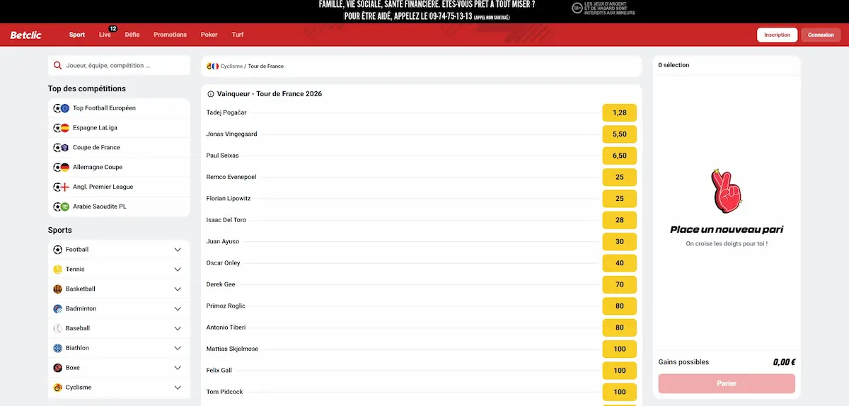 Interface Betclic Tour de France